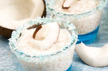 Image showing Coconut pudding with tapioca pearls and litchi jelly