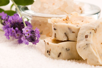 Image showing Handmade Soap With Fresh Lavender Flowers And Bath Salt