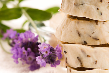 Image showing Handmade Soap With Fresh Lavender Flowers And Bath Salt