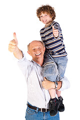 Image showing Thumbs-up pair of grandfather and grandson