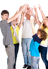 Image showing Smiling caucasian american family enjoying, indoors