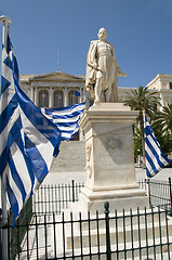 Image showing statue with Greek flags Hermoupolis Syros Greece