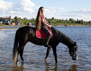Image showing The girl lead a horse to water