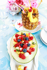 Image showing Fresh fruit salad with pineapple drink