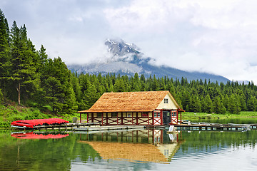 Image showing Boathouse on mountain lake