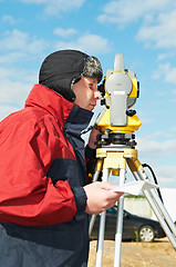 Image showing surveyor works with theodolite tacheometer