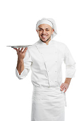 Image showing happy chef with tray isolated