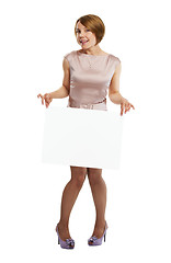 Image showing happy woman holding white board