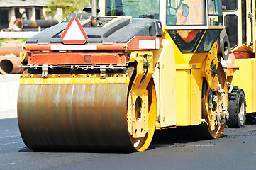 Image showing asphalt roller compactor at work