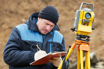 Image showing surveyor works with total station tacheometer