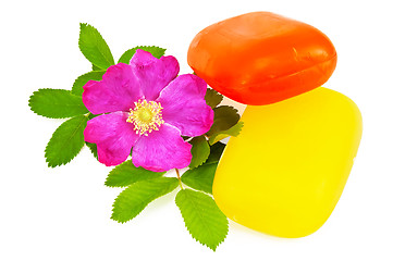 Image showing Two pieces of soap with flower wild rose