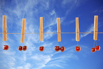 Image showing Sweet red cherries and clothes line