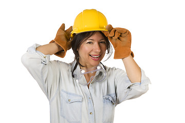 Image showing Attractive Hispanic Woman with Hard Hat, Goggles and Work Gloves