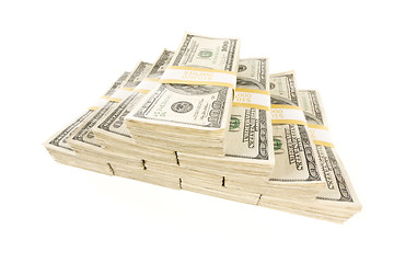 Image showing Stacks of One Hundred Dollar Bills on White