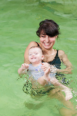 Image showing little girl and mothe in swimming pool