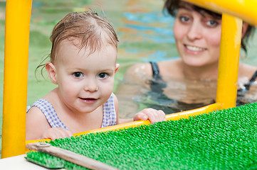 Image showing little girl and mothe in swimming pool