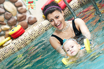 Image showing little girl and mothe in swimming pool