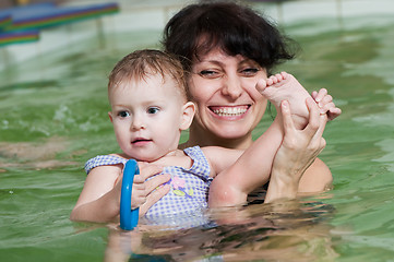 Image showing little girl and mothe in swimming pool