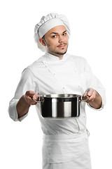 Image showing chef with metal kitchen pan isolated