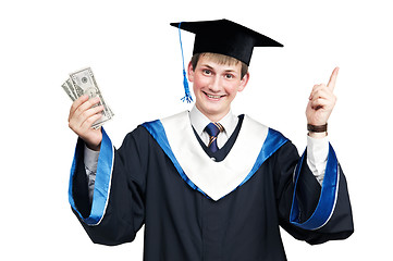 Image showing Smiley graduate student in cloak with money