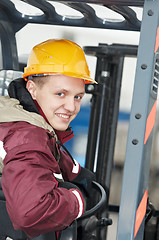 Image showing warehouse worker driver in  forklift