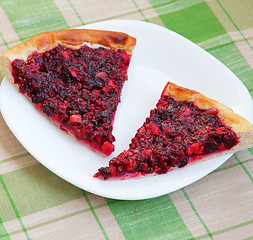 Image showing Two pieces of apple and cowberry jelly pie 