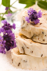 Image showing Handmade Soap With Fresh Lavender Flowers And Bath Salt