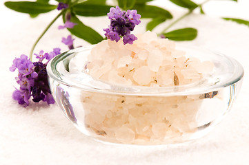 Image showing Bath Salt With Fresh Lavender Flowers