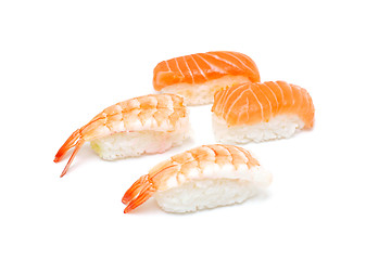 Image showing Prawn and salmon nigiri