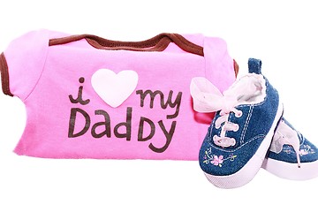 Image showing Baby shoes and suits with a message for the fathers day