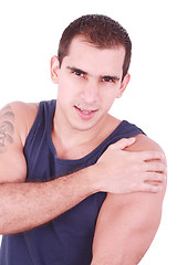 Image showing young caucasian bodybuilder having a shoulder pain 