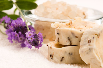 Image showing Handmade Soap With Fresh Lavender Flowers And Bath Salt