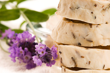 Image showing Handmade Soap With Fresh Lavender Flowers And Bath Salt