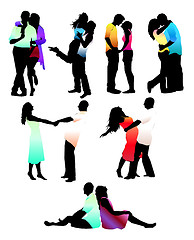 Image showing Set of happy love couple silhouettes. Boys and girls