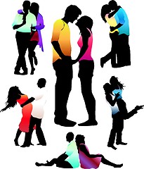Image showing Set of happy love couple silhouettes.