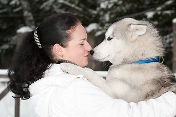 Image showing happy siberian husky owner with dog