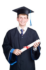 Image showing happy smiling graduate guy with diploma isolated