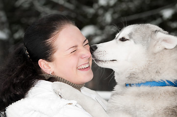 Image showing happy siberian husky owner with dog