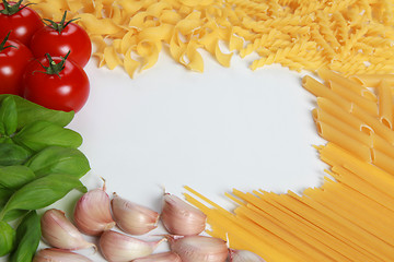 Image showing Ingredients for a pasta meal on white background