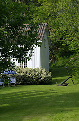 Image showing Detail of old, white, wooden house in Norway