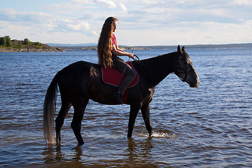 Image showing A girl with flowing hair on a horse