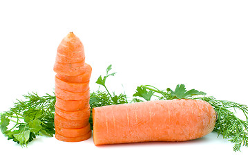 Image showing Half of ripe fresh carrot and slices and some parsley