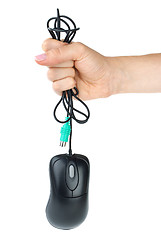 Image showing Hand holding black computer mouse