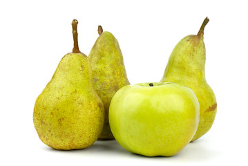 Image showing Three green pears and apple