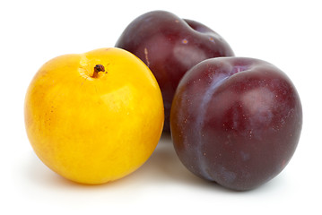 Image showing Two violet plums and one yellow