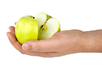 Image showing Hand holding green apple sliced in half