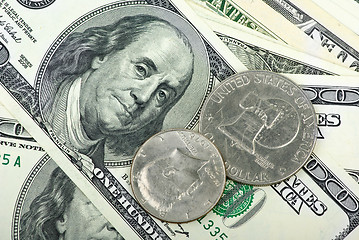 Image showing American dollars: bills and coins close-up