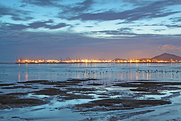 Image showing Sunset in Hong Kong along the coast at dusk 