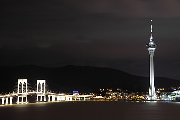 Image showing Urban landscape of Macau with famous traveling tower under sky n