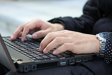 Image showing Hands typing on laptop computer keyboard close up